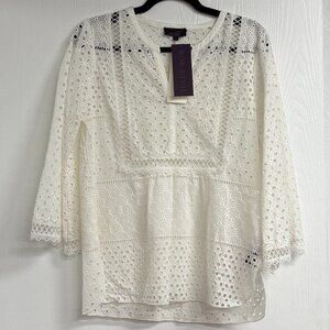 HALE BOB Eyelet Blouse Top White Cotton Split Neckline Long Sleeves Size S
